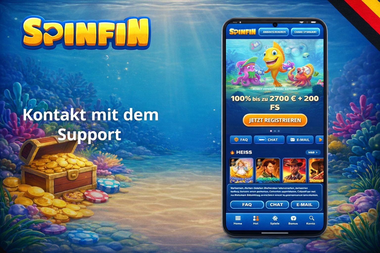 Smartphone showing the SpinFin website, highlighting game categories: Populaires (Popular), Top, and responsible gaming advice.