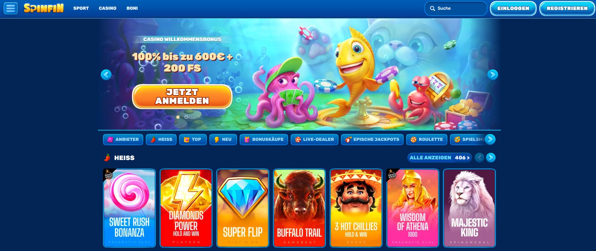 Online casino website header with cartoon underwater theme, showing octopus holding cards, fish holding poker chips, and crab with coins
