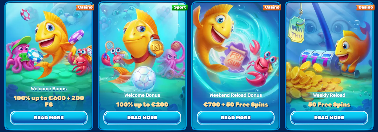 Cartoon yellow fish with a green turtle in a purple shell full of cash, coins, and reward cards, promoting