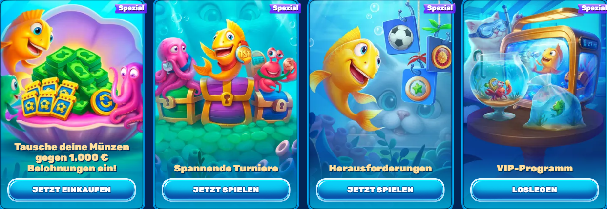 Cartoon yellow fish with a green turtle in a purple shell full of cash, coins, and reward cards, promoting