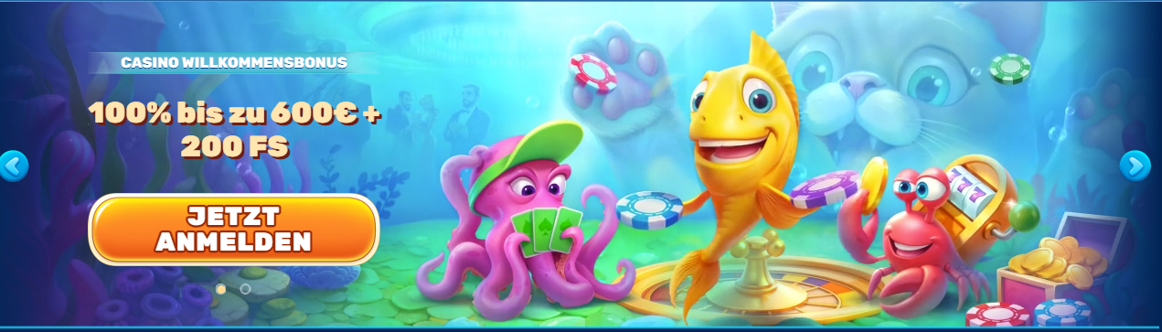 nderwater-themed casino promotion showing a smiling yellow fish spinning a wheel, a purple octopus holding cards, and a red crab slot-machine character surrounded by chips.